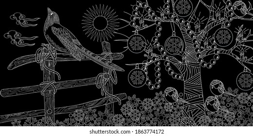 Coloring Pages. Coloring Book for adults and children. Winter and birds. Antistress freehand sketch drawing with doodle and zentangle elements.