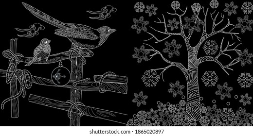 Coloring Pages. Coloring Book for adults and children. Winter and birds. Antistress freehand sketch drawing with doodle and zentangle elements.