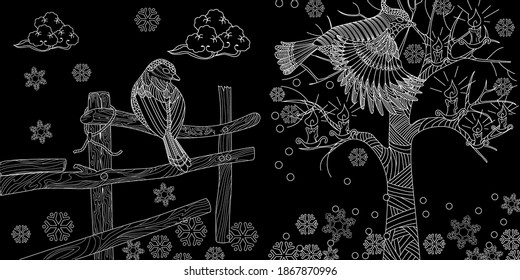 Coloring Pages. Coloring Book for adults and children. Winter and birds. Antistress freehand sketch drawing with doodle and zentangle elements.