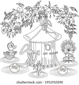 Coloring Pages. Coloring Book for adults and children. Colouring pictures with birds and birdhouse. Antistress freehand sketch drawing with doodle and zentangle elements.