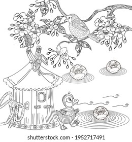 Coloring Pages. Coloring Book for adults and children. Colouring pictures with birds and birdhouse. Antistress freehand sketch drawing with doodle and zentangle elements.