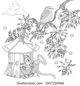 Coloring Pages. Coloring Book for adults and children. Colouring pictures with birds and birdhouse. Antistress freehand sketch drawing with doodle and zentangle elements.