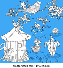Coloring Pages. Coloring Book for adults and children. Colouring pictures with birds and birdhouse. Antistress freehand sketch drawing with doodle and zentangle elements.