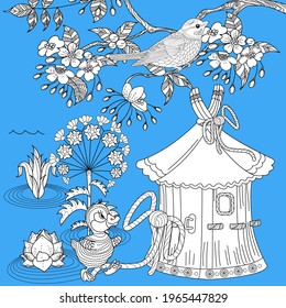 Coloring Pages. Coloring Book for adults and children. Colouring pictures with birds and birdhouse. Antistress freehand sketch drawing with doodle and zentangle elements.