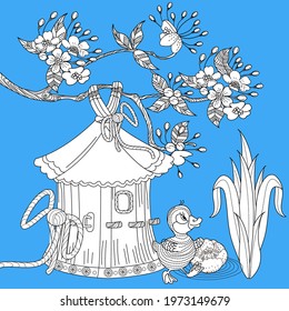 Coloring Pages. Coloring Book for adults and children. Colouring pictures with birds and birdhouse. Antistress freehand sketch drawing with doodle and zentangle elements.