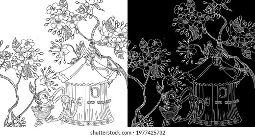 Coloring Pages. Coloring Book for adults and children. Colouring pictures with birds and birdhouse. Antistress freehand sketch drawing with doodle and zentangle elements.