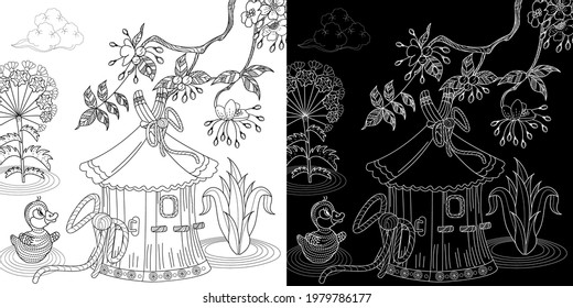 Coloring Pages. Coloring Book for adults and children. Colouring pictures with birdhouse. Linear engraved art. Bird concept. Romantic concept. Vector design