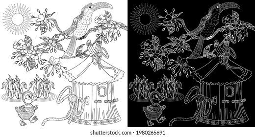 Coloring Pages. Coloring Book for adults and children. Colouring pictures with birds and birdhouse. Antistress freehand sketch drawing with doodle and zentangle elements.