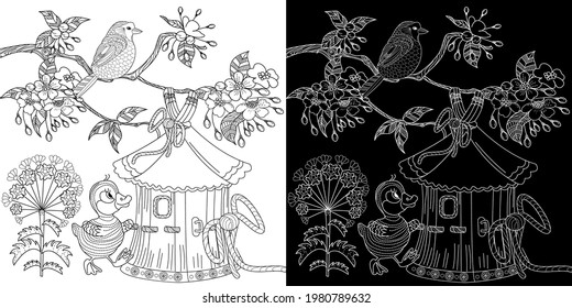 Coloring Pages. Coloring Book for adults and children. Colouring pictures with birds and birdhouse. Antistress freehand sketch drawing with doodle and zentangle elements.