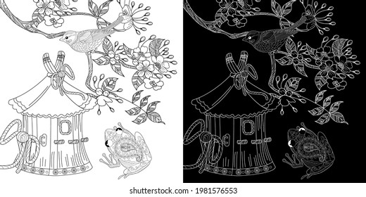 Coloring Pages. Coloring Book for adults and children. Colouring pictures with birds and birdhouse. Antistress freehand sketch drawing with doodle and zentangle elements.