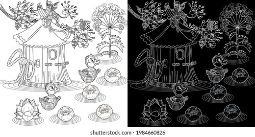 Coloring Pages. Coloring Book for adults and children. Colouring pictures with birds and birdhouse. Antistress freehand sketch drawing with doodle and zentangle elements.