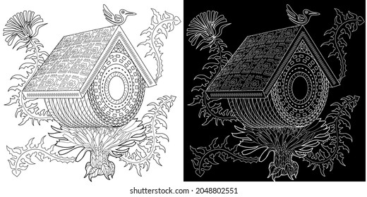 Coloring Pages. Coloring Book for adults and children. Colouring pictures with birdhouse. Antistress freehand sketch drawing with doodle and zentangle elements.