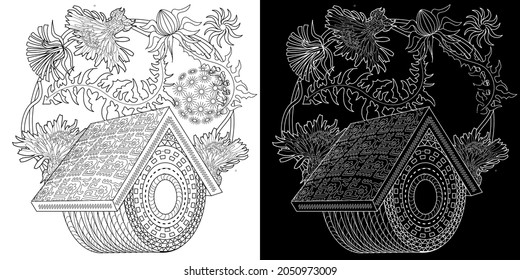 Coloring Pages. Coloring Book for adults and children. Colouring pictures with birdhouse. Antistress freehand sketch drawing with doodle and zentangle elements.