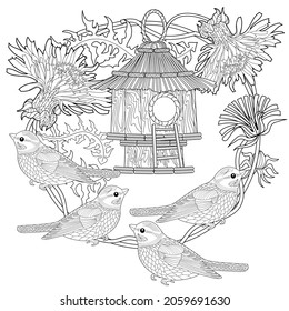 Coloring Pages. Coloring Book for adults and children. Colouring pictures with birdhouse and tits. Antistress freehand sketch drawing with doodle and zentangle elements.