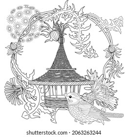 Coloring Pages. Coloring Book for adults and children. Colouring pictures with birdhouse and tits. Antistress freehand sketch drawing with doodle and zentangle elements.