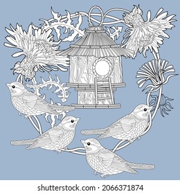 Coloring Pages. Coloring Book for adults and children. Colouring pictures with birdhouse and tits. Antistress freehand sketch drawing with doodle and zentangle elements.