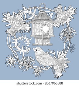 Coloring Pages. Coloring Book for adults and children. Colouring pictures with birdhouse and tits. Antistress freehand sketch drawing with doodle and zentangle elements.