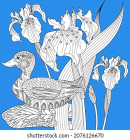 Coloring Pages. Coloring Book for adults and children. Colouring pictures with duck. Linear engraved art. Bird concept. Romantic concept. Vector design