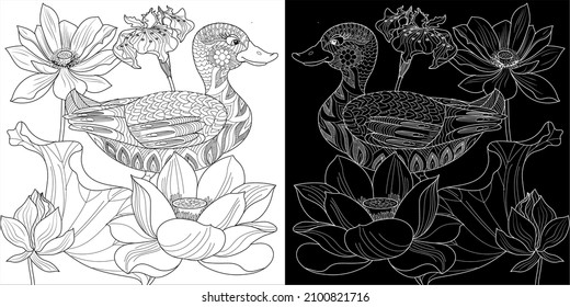 Coloring Pages. Coloring Book for adults and children. Colouring pictures with duck. Linear engraved art. Bird concept. Romantic concept. Vector design