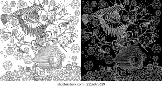 Coloring Pages. Coloring Book for adults and children. Colouring pictures with birdhouse and birds. Antistress freehand sketch drawing with doodle and zentangle elements.