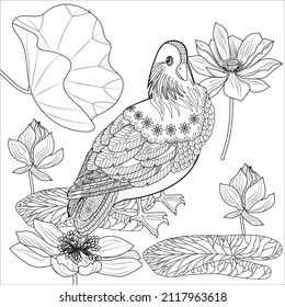 Coloring Pages. Coloring Book for adults and children. Colouring pictures with duck. Linear engraved art. Bird concept. Romantic concept. Vector design