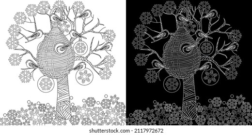Coloring Pages. Coloring Book for adults and children. Colouring pictures with birdhouse and birds. Antistress freehand sketch drawing with doodle and zentangle elements.