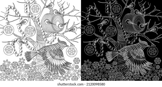 Coloring Pages. Coloring Book for adults and children. Colouring pictures with birdhouse and birds. Antistress freehand sketch drawing with doodle and zentangle elements.