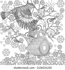 Coloring Pages. Coloring Book for adults and children. Colouring pictures with birdhouse and birds. Antistress freehand sketch drawing with doodle and zentangle elements.