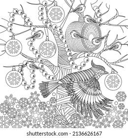 Coloring Pages. Coloring Book for adults and children. Colouring pictures with birdhouse and birds. Antistress freehand sketch drawing with doodle and zentangle elements.