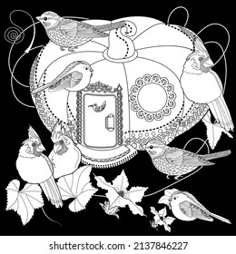 Coloring Pages. Coloring Book for adults and children. Colouring pictures with birdhouse and birds. Antistress freehand sketch drawing with doodle and zentangle elements.
