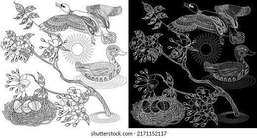 Coloring Pages. Coloring Book for adults and children. Colouring pictures with ducks. Linear engraved art. Bird concept. Romantic concept. Vector design
