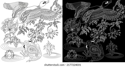 Coloring Pages. Coloring Book for adults and children. Colouring pictures with duck. Linear engraved art. Bird concept. Romantic concept. Vector design
