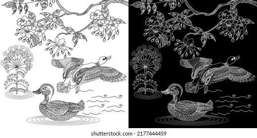 Coloring Pages. Coloring Book for adults and children. Colouring pictures with duck. Linear engraved art. Bird concept. Romantic concept. Vector design
