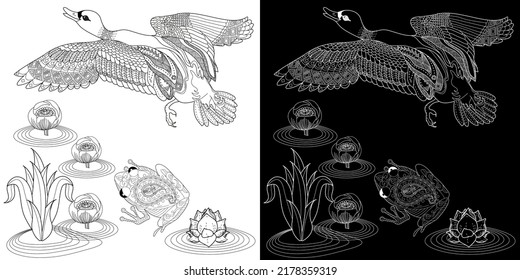 Coloring Pages. Coloring Book for adults and children. Colouring pictures with duck. Linear engraved art. Bird concept. Romantic concept. Vector design
