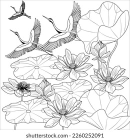 Coloring Pages. Coloring Book for adults and children. Colouring pictures with stork. Linear engraved art. Bird concept. Romantic concept. Vector design
