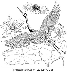 Coloring Pages. Coloring Book for adults and children. Colouring pictures with stork. Linear engraved art. Bird concept. Romantic concept. Vector design
