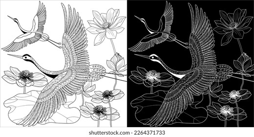 Coloring Pages. Coloring Book for adults and children. Colouring pictures with stork. Linear engraved art. Bird concept. Romantic concept. Vector design
