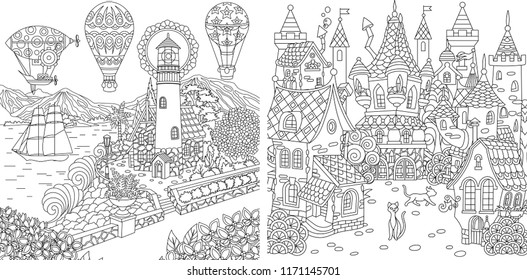 Coloring Pages  Coloring Book for adults  Colouring pictures and light house   fairy tale castle  Antistress freehand sketch drawing and doodle   zentangle elements 