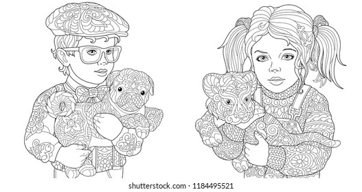 Coloring Pages. Coloring Book for adults. Colouring pictures with boy and girl holding baby animals. Antistress freehand sketch drawing with doodle and zentangle elements.