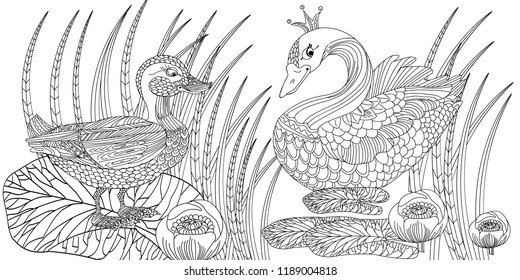 Coloring Pages. Coloring Book for adults. Colouring pictures with duck and swan. Antistress freehand sketch drawing with doodle and zentangle elements.