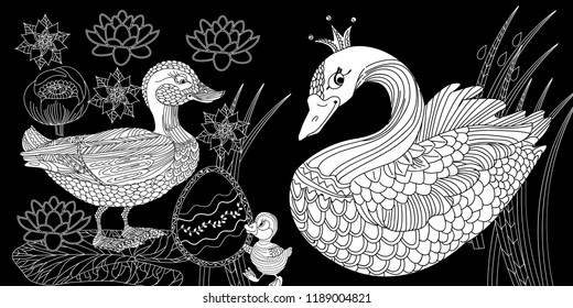 Coloring Pages. Coloring Book for adults. Colouring pictures with duck and swan. Antistress freehand sketch drawing with doodle and zentangle elements.