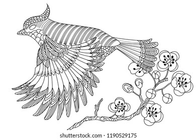 Coloring Pages. Coloring Book for adults. Colouring pictures with bird. Antistress freehand sketch drawing with doodle and zentangle elements.