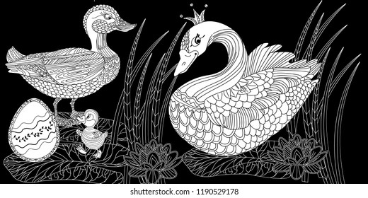 Coloring Pages. Coloring Book for adults. Colouring pictures with duck and swan. Antistress freehand sketch drawing with doodle and zentangle elements.