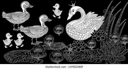 Coloring Pages. Coloring Book for adults. Colouring pictures with ducks and swan. Antistress freehand sketch drawing with doodle and zentangle elements.