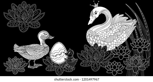 Coloring Pages. Coloring Book for adults. Colouring pictures with duck and swan. Antistress freehand sketch drawing with doodle and zentangle elements.