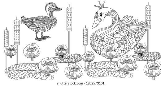 Coloring Pages. Coloring Book for adults. Colouring pictures with duck and swan. Antistress freehand sketch drawing with doodle and zentangle elements.