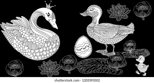 Coloring Pages. Coloring Book for adults. Colouring pictures with duck and swan. Antistress freehand sketch drawing with doodle and zentangle elements.