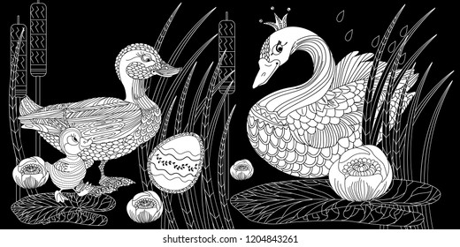 Coloring Pages. Coloring Book for adults. Colouring pictures with duck and swan. Antistress freehand sketch drawing with doodle and zentangle elements.