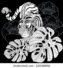 Coloring Pages. Coloring Book for adults. Colouring pictures with tiger. Antistress freehand sketch drawing with doodle and zentangle elements.