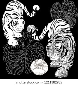 Coloring Pages. Coloring Book for adults. Colouring pictures with tiger. Antistress freehand sketch drawing with doodle and zentangle elements.